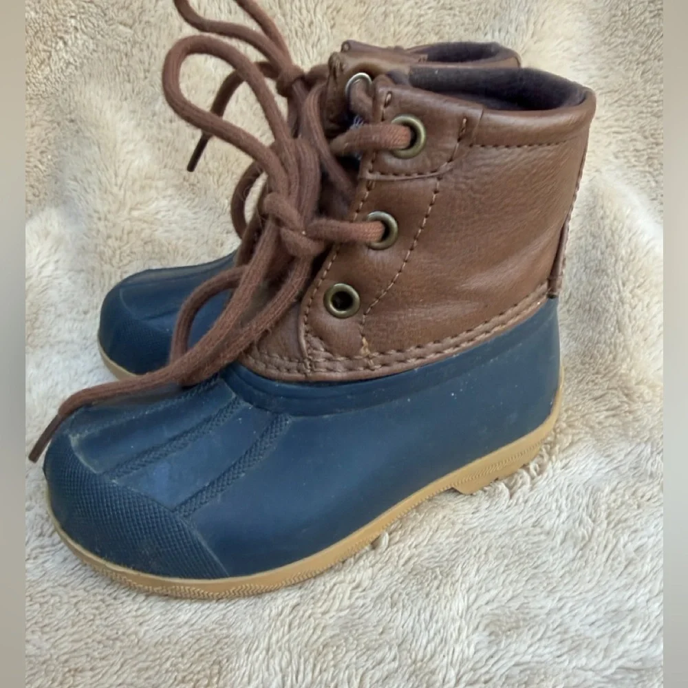 Sperry Toddler Kids Port‎ Blue Brown Duck Lace Up Winter Rain Boots Sz 6M EUC